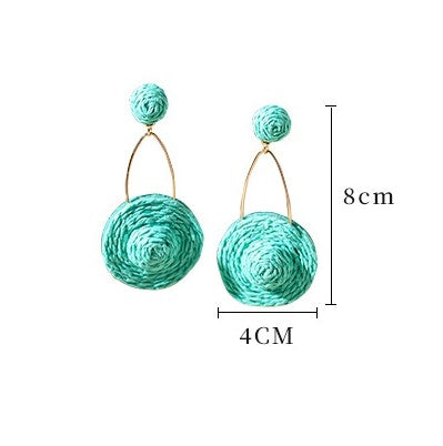 1 Pair Bohemian Raffia Woven Geometric Metal Drop Earrings