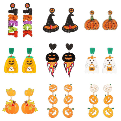 Casual Pumpkin Ghost Beaded Acrylic PU Leather Halloween Drop Earrings