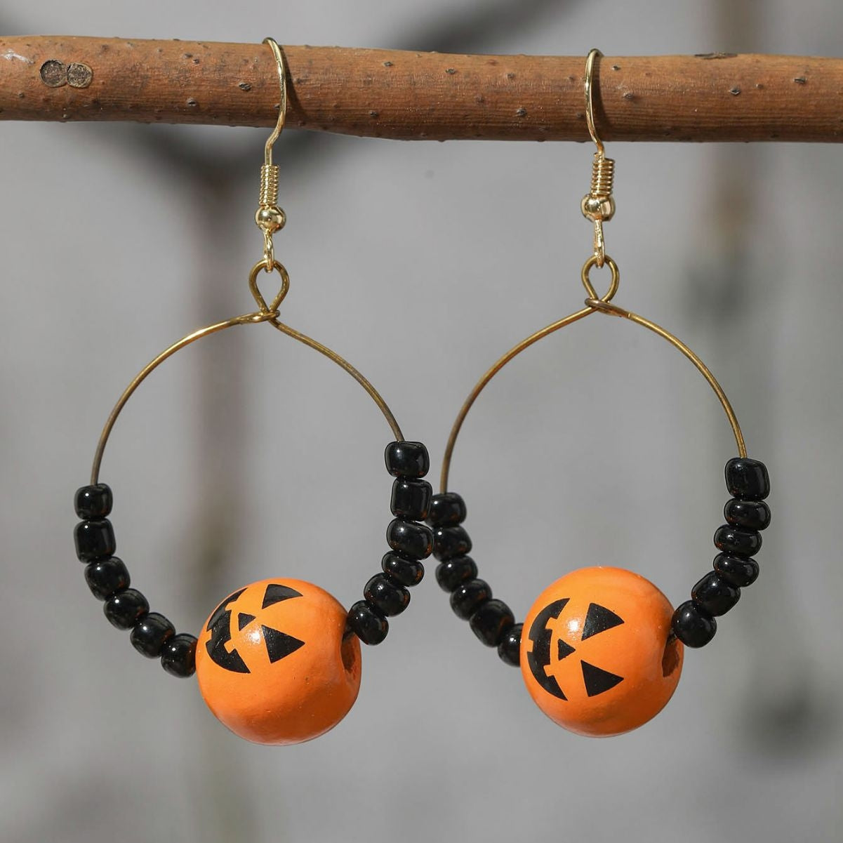 1 Pair Halloween Pumpkin Spider Web Wood Drop Earrings