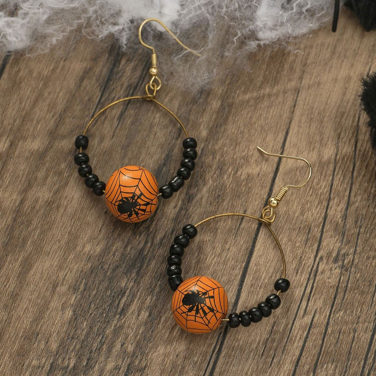 1 Pair Halloween Pumpkin Spider Web Wood Drop Earrings