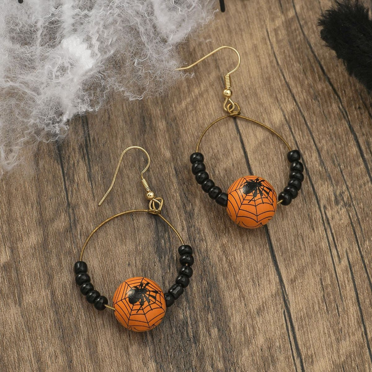 1 Pair Halloween Pumpkin Spider Web Wood Drop Earrings