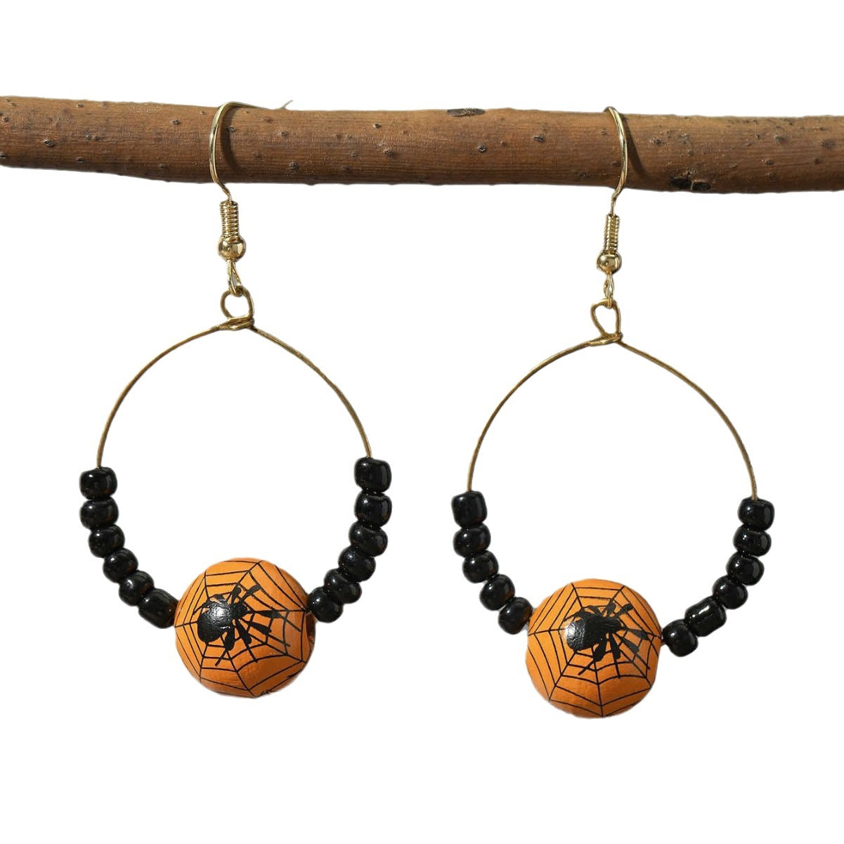 1 Pair Halloween Pumpkin Spider Web Wood Drop Earrings