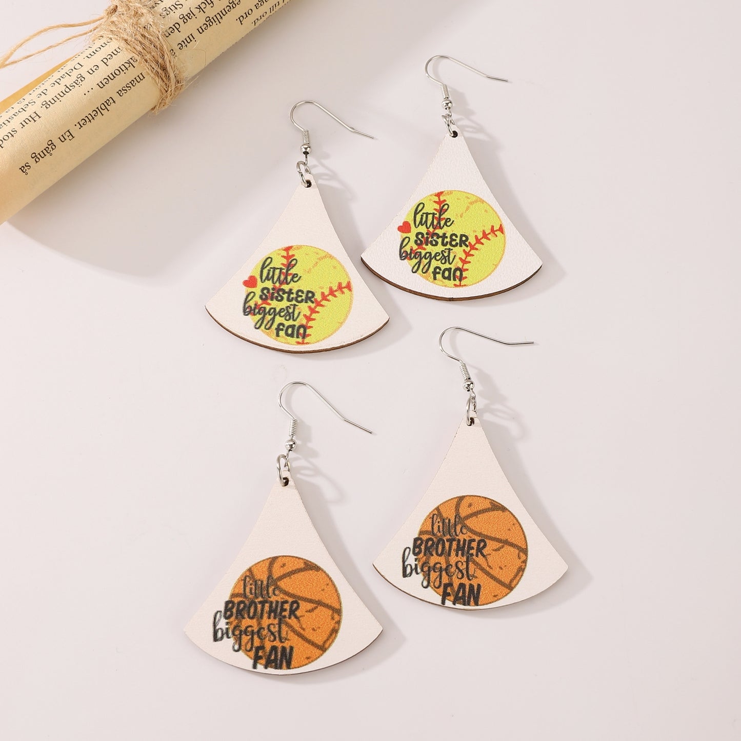 Pair of Casual Sports Letter Print Wood Drop Earrings - Basketball & Football Design