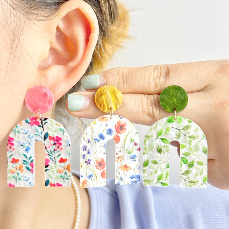 1 Pair Casual Vacation Bohemian U Shape Ditsy Floral Flower Printing Arylic Drop Earrings