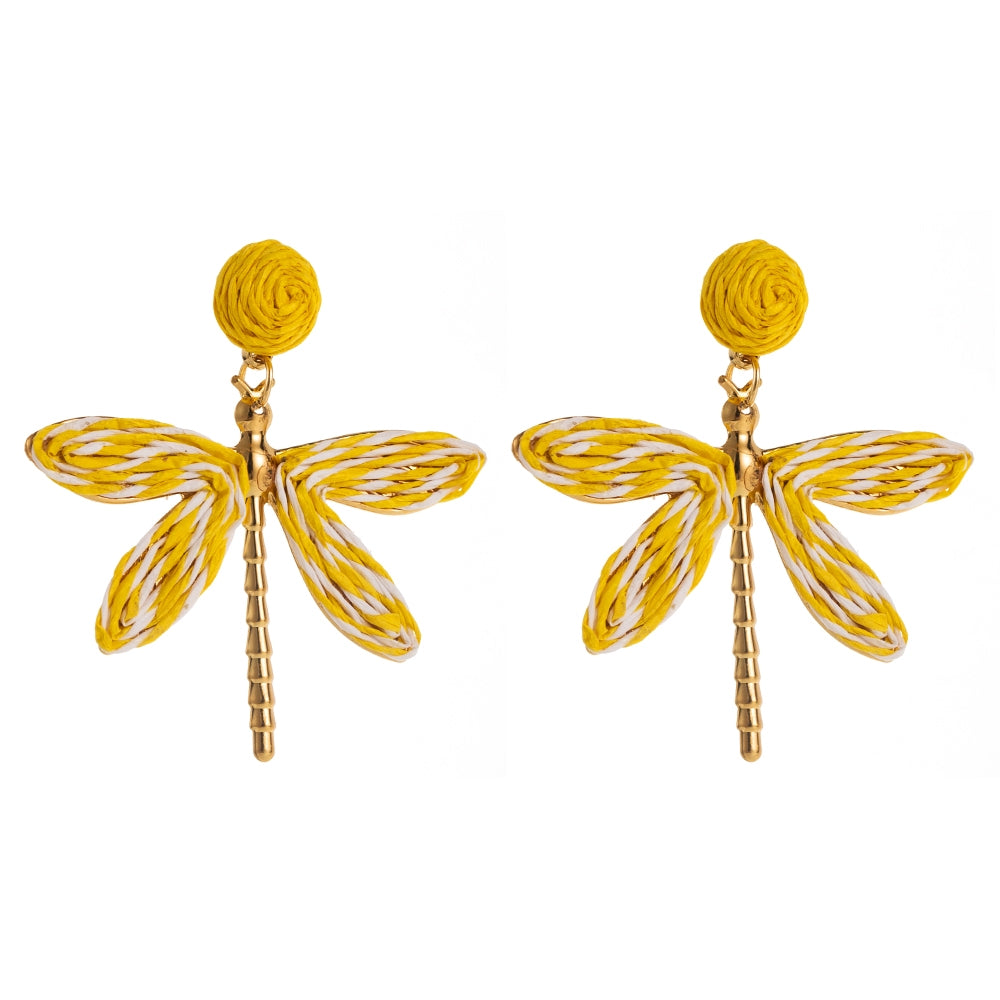 Dragonfly Raffia Gold Plated Drop Earrings - Bohemian Vacation Style