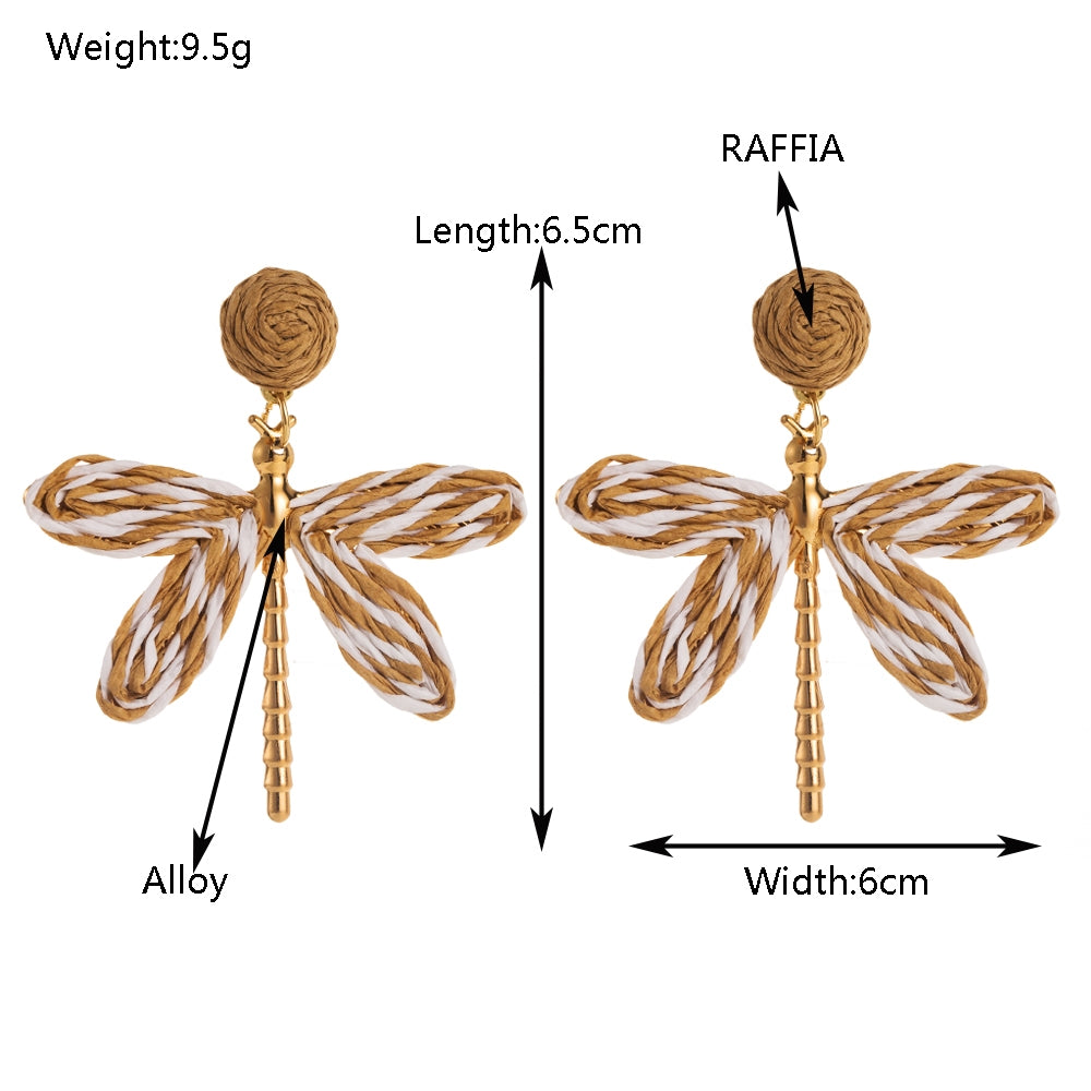 Dragonfly Raffia Gold Plated Drop Earrings - Bohemian Vacation Style