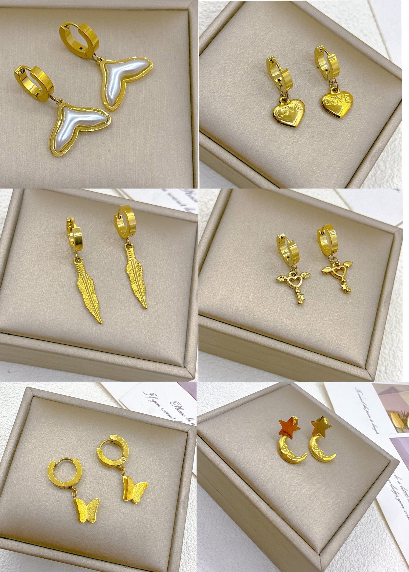 1 Pair Vintage Moon Heart Shape & Butterfly Leaf Tassel Stainless Steel Pearl Zircon Drop Earrings Set