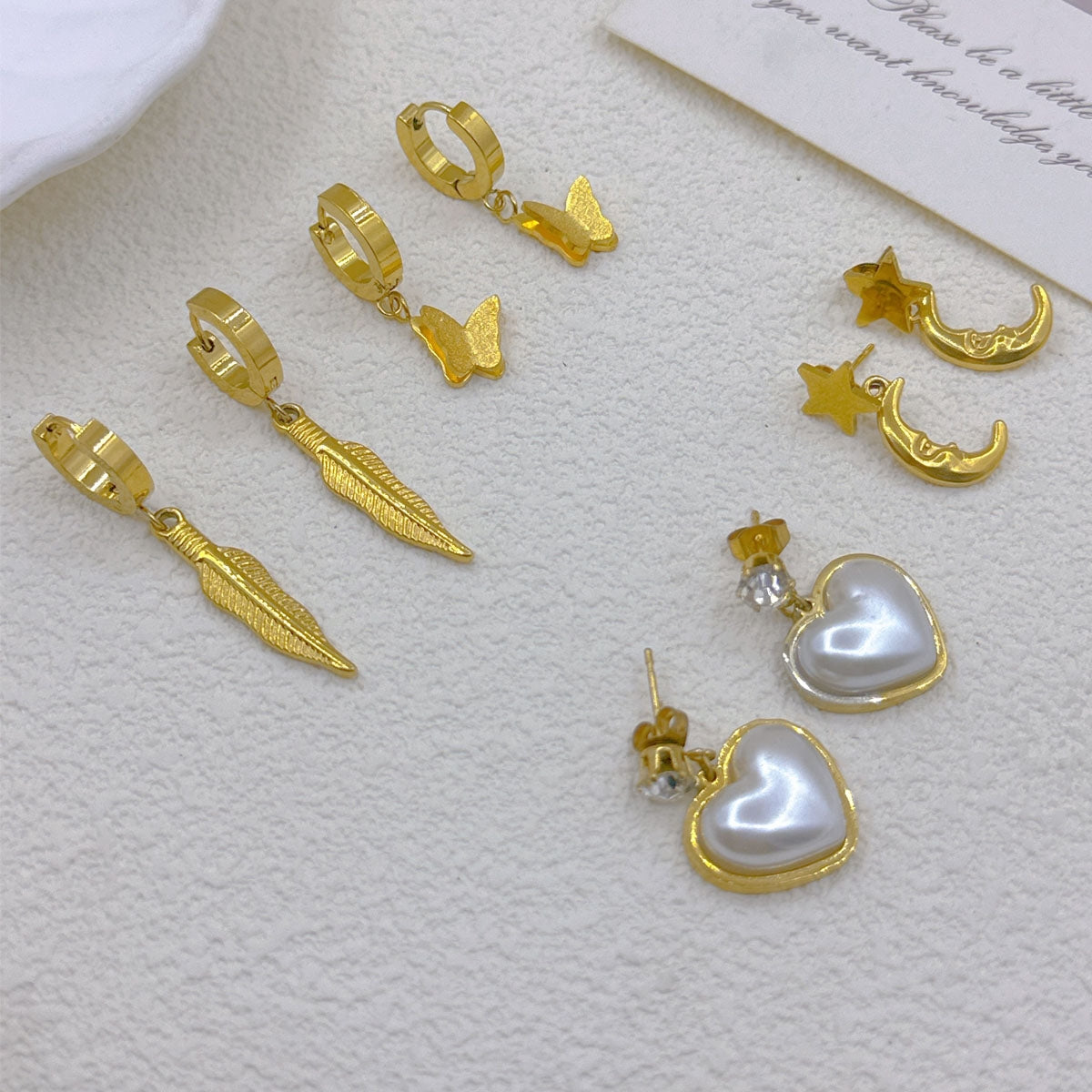 1 Pair Vintage Moon Heart Shape & Butterfly Leaf Tassel Stainless Steel Pearl Zircon Drop Earrings Set