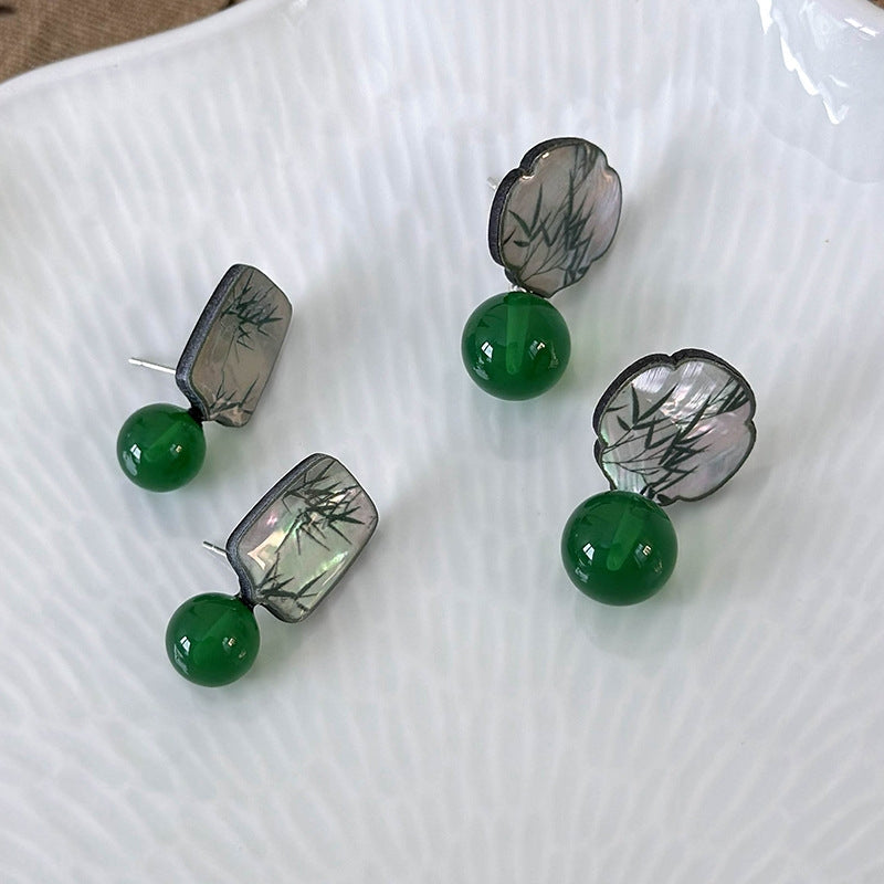 Chinoiserie Green Imitation Agate Bead Bamboo Drop Earrings