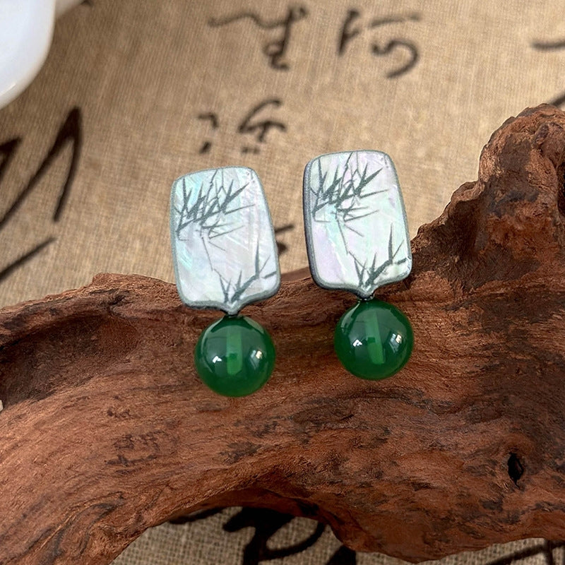 Chinoiserie Green Imitation Agate Bead Bamboo Drop Earrings