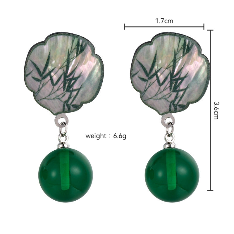 Chinoiserie Green Imitation Agate Bead Bamboo Drop Earrings