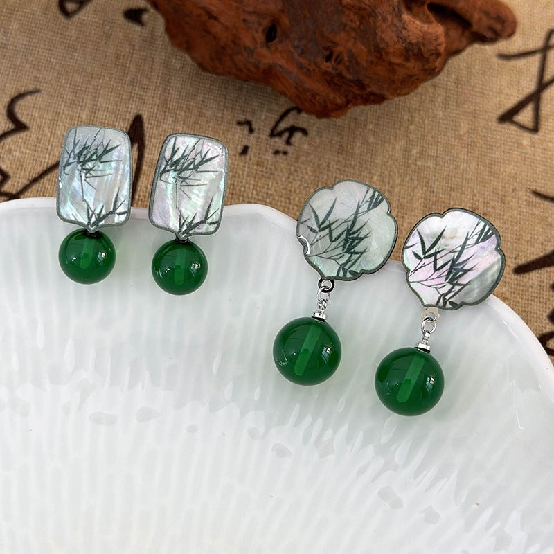 Chinoiserie Green Imitation Agate Bead Bamboo Drop Earrings