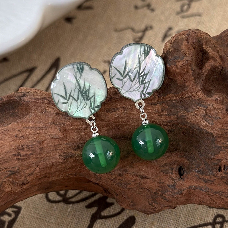 Chinoiserie Green Imitation Agate Bead Bamboo Drop Earrings