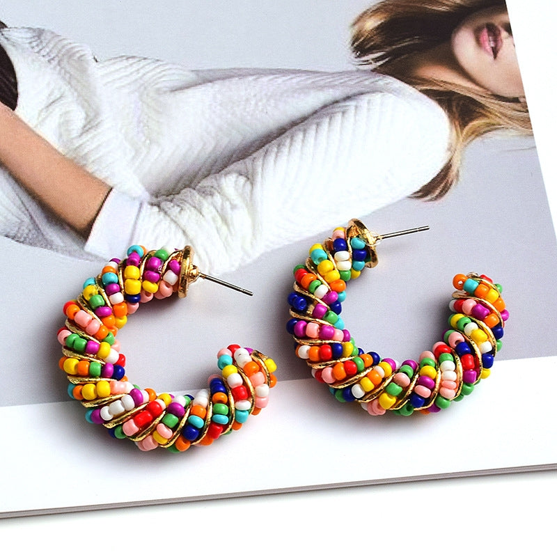 1 Pair Color Block Seed Bead Oval Hoop Earrings