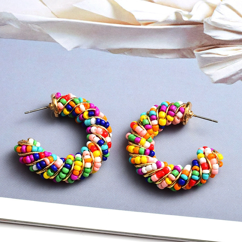 1 Pair Color Block Seed Bead Oval Hoop Earrings