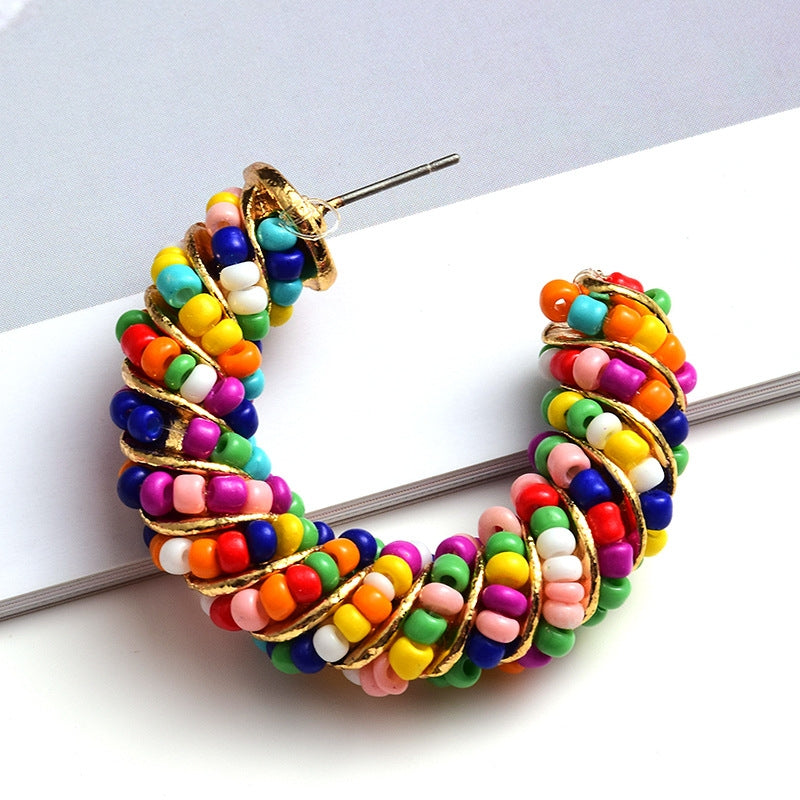 1 Pair Color Block Seed Bead Oval Hoop Earrings