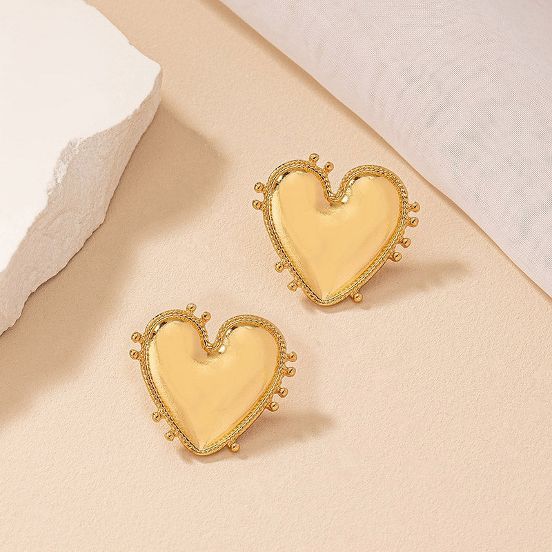 Gold Plated Heart Shape Stud Earrings - Women's Korean Fashion Retro Design