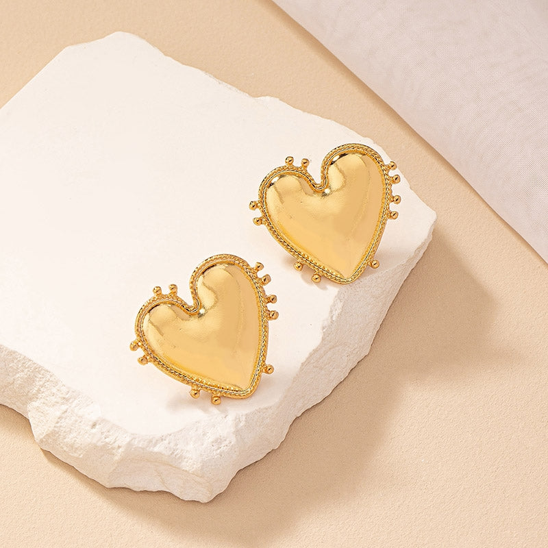 Gold Plated Heart Shape Stud Earrings - Women's Korean Fashion Retro Design