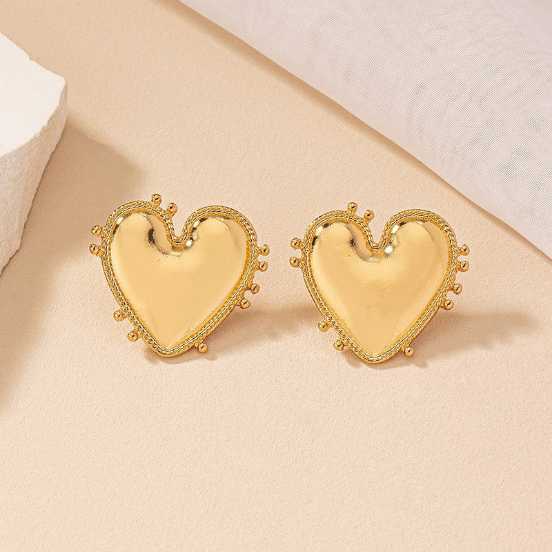 Gold Plated Heart Shape Stud Earrings - Women's Korean Fashion Retro Design