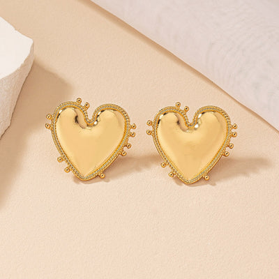 Gold Plated Heart Shape Stud Earrings - Women's Korean Fashion Retro Design