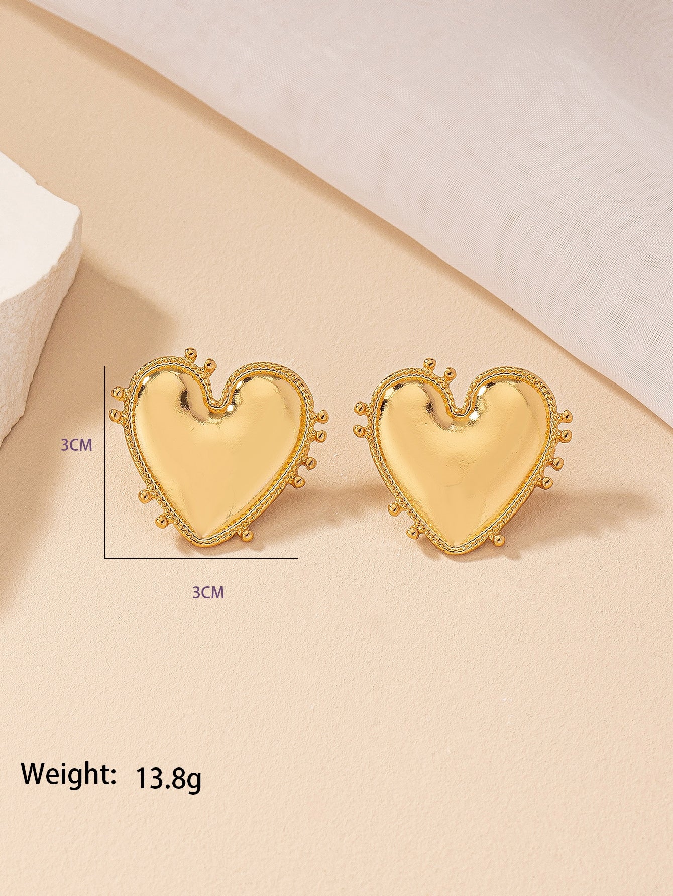 Gold Plated Heart Shape Stud Earrings - Women's Korean Fashion Retro Design