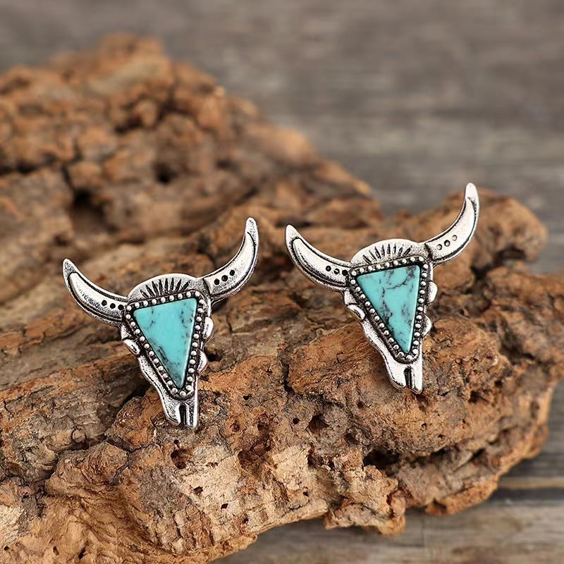 Cowboy Style Cattle Alloy Ear Hook with Turquoise Bull Head Earrings