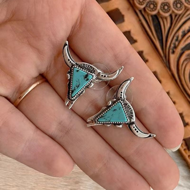 Cowboy Style Cattle Alloy Ear Hook with Turquoise Bull Head Earrings