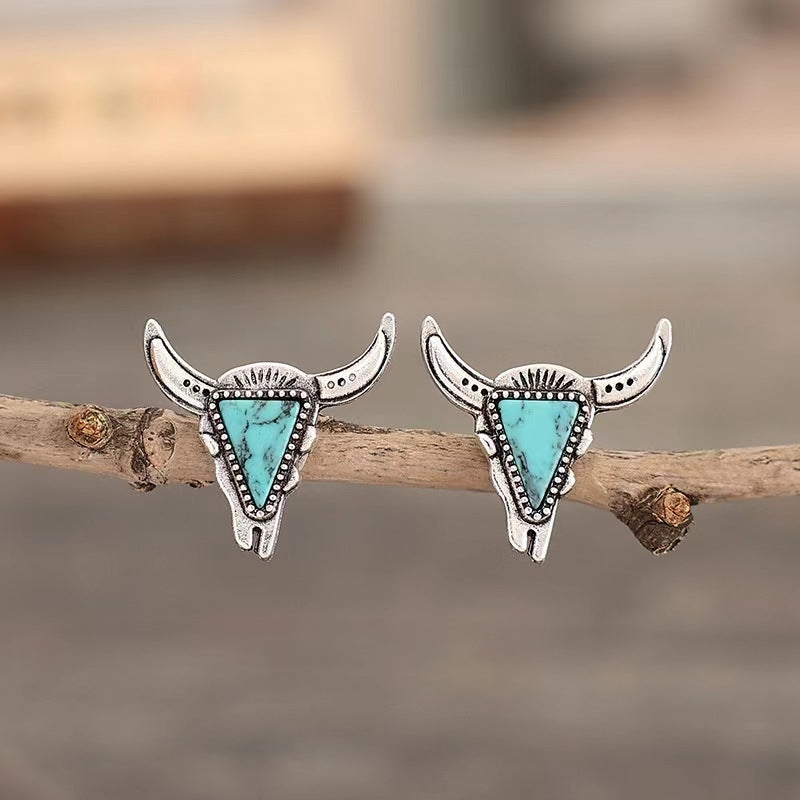 Cowboy Style Cattle Alloy Ear Hook with Turquoise Bull Head Earrings