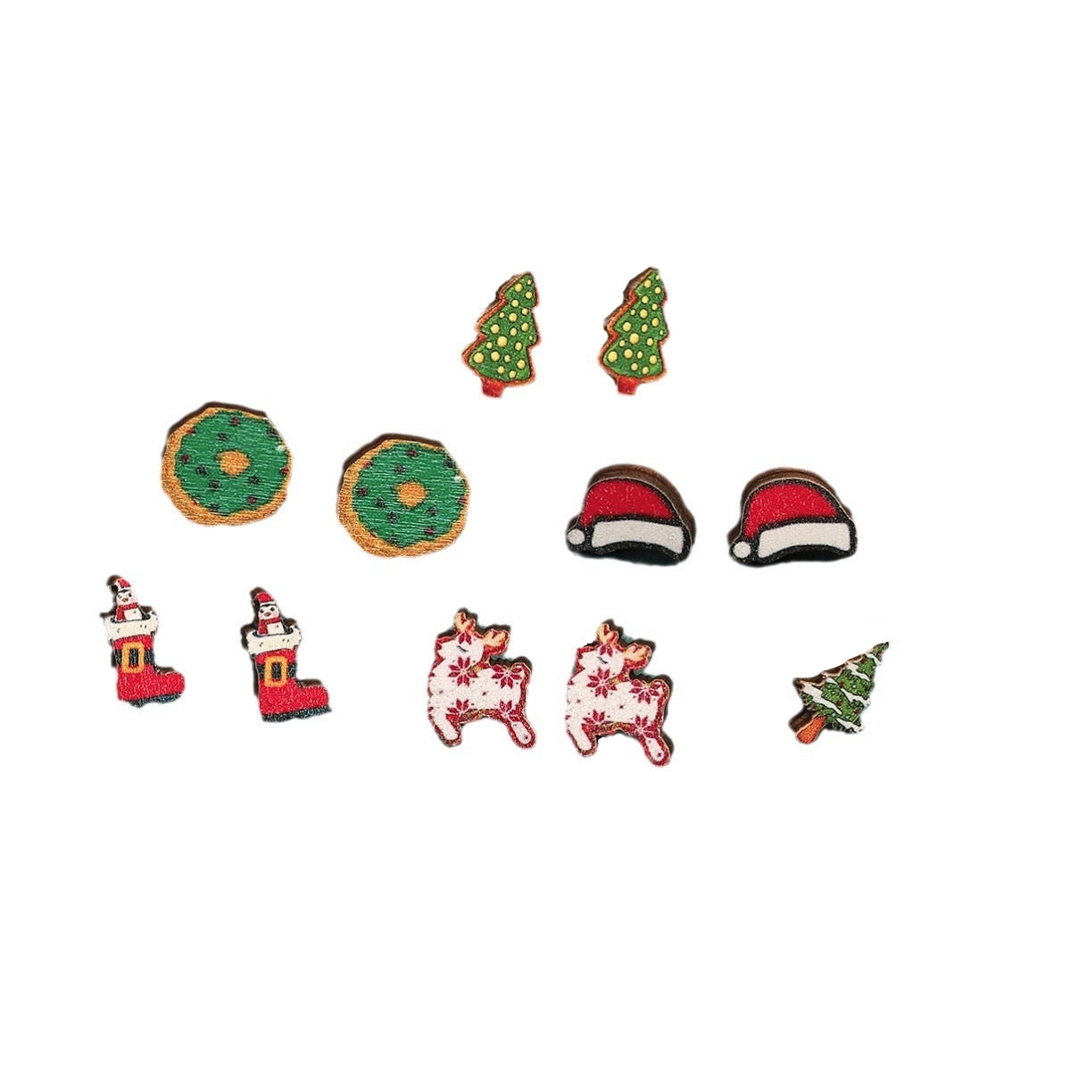 Pair of Cute Christmas Tree and Santa Claus Stud Earrings - Festive Holiday Jewelry with Boots, Snowman, and Elk Designs