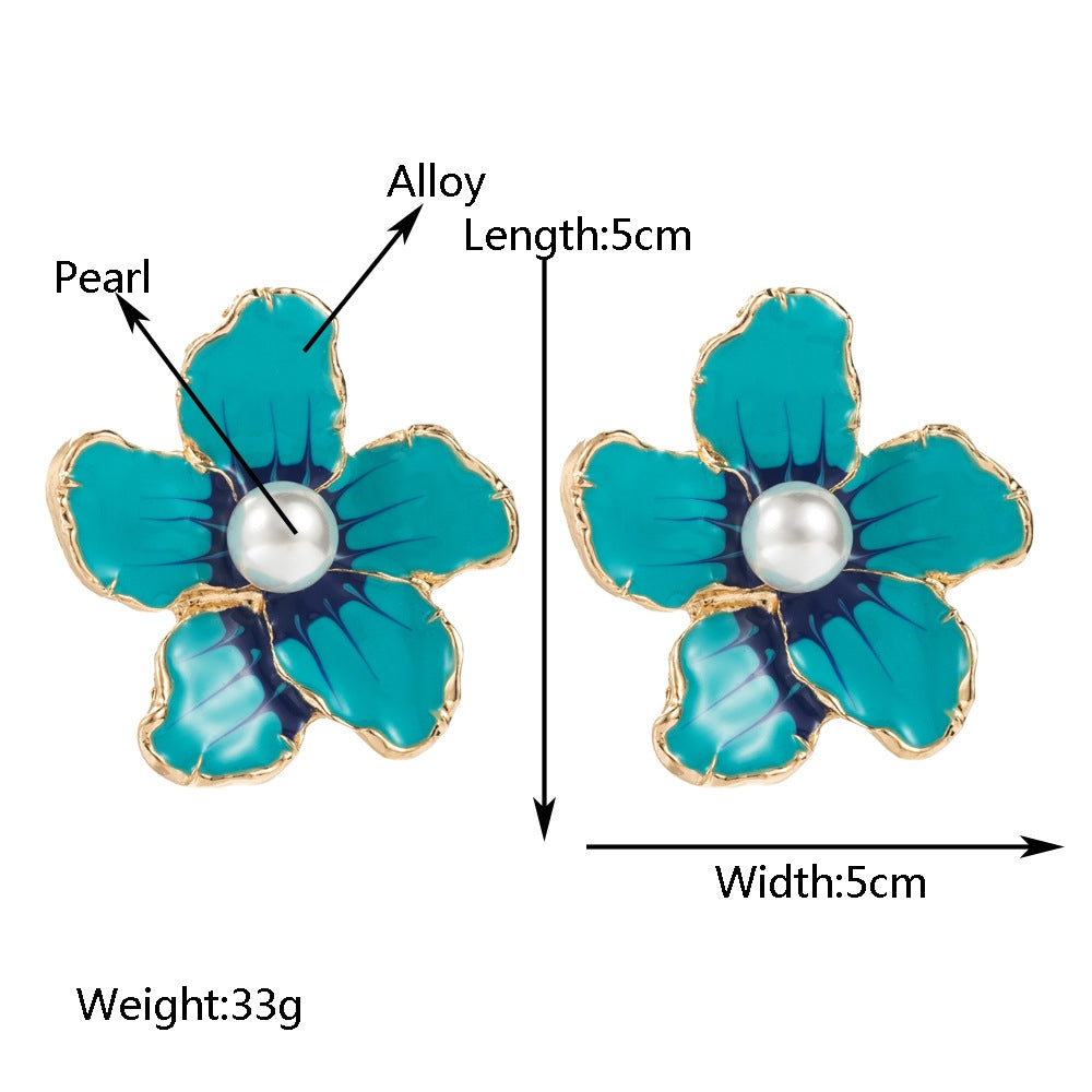 1 Pair Elegant Flower Enamel Alloy Pearl Stud Earrings