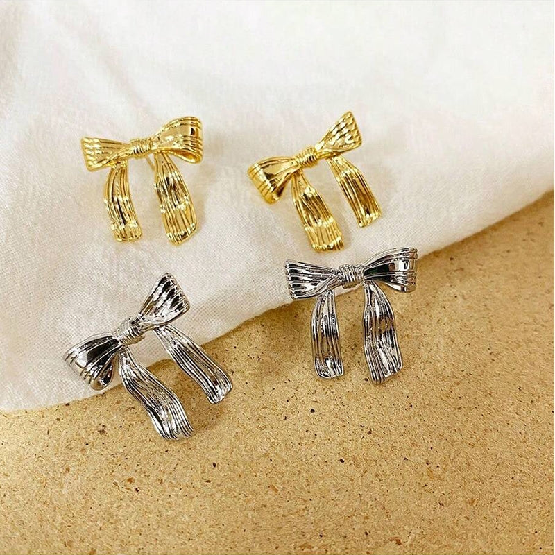 French Style Bow Knot Alloy & Titanium Steel Earrings - Light Luxury Stainless Steel Studs for Women