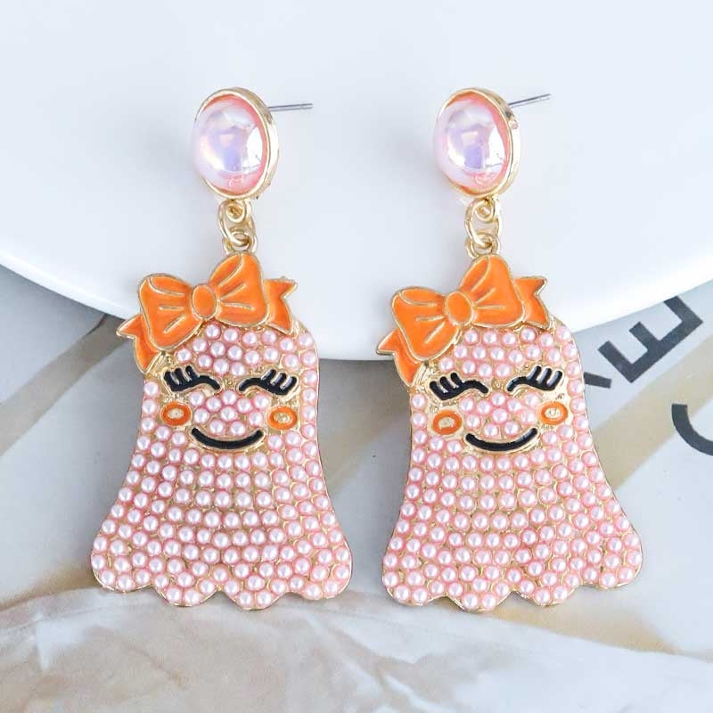 1 Pair Cute Funny Bow Knot Ghost Inlay Alloy Beads Drop Earrings