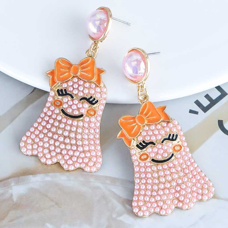 1 Pair Cute Funny Bow Knot Ghost Inlay Alloy Beads Drop Earrings