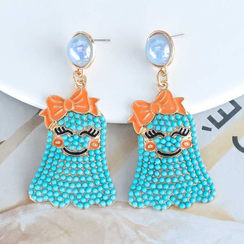 1 Pair Cute Funny Bow Knot Ghost Inlay Alloy Beads Drop Earrings