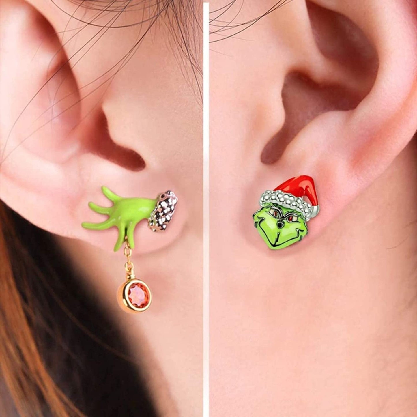 1 Pair Cute Geometric Christmas Hat Alloy Stud Earrings with Green Grinch Pendant