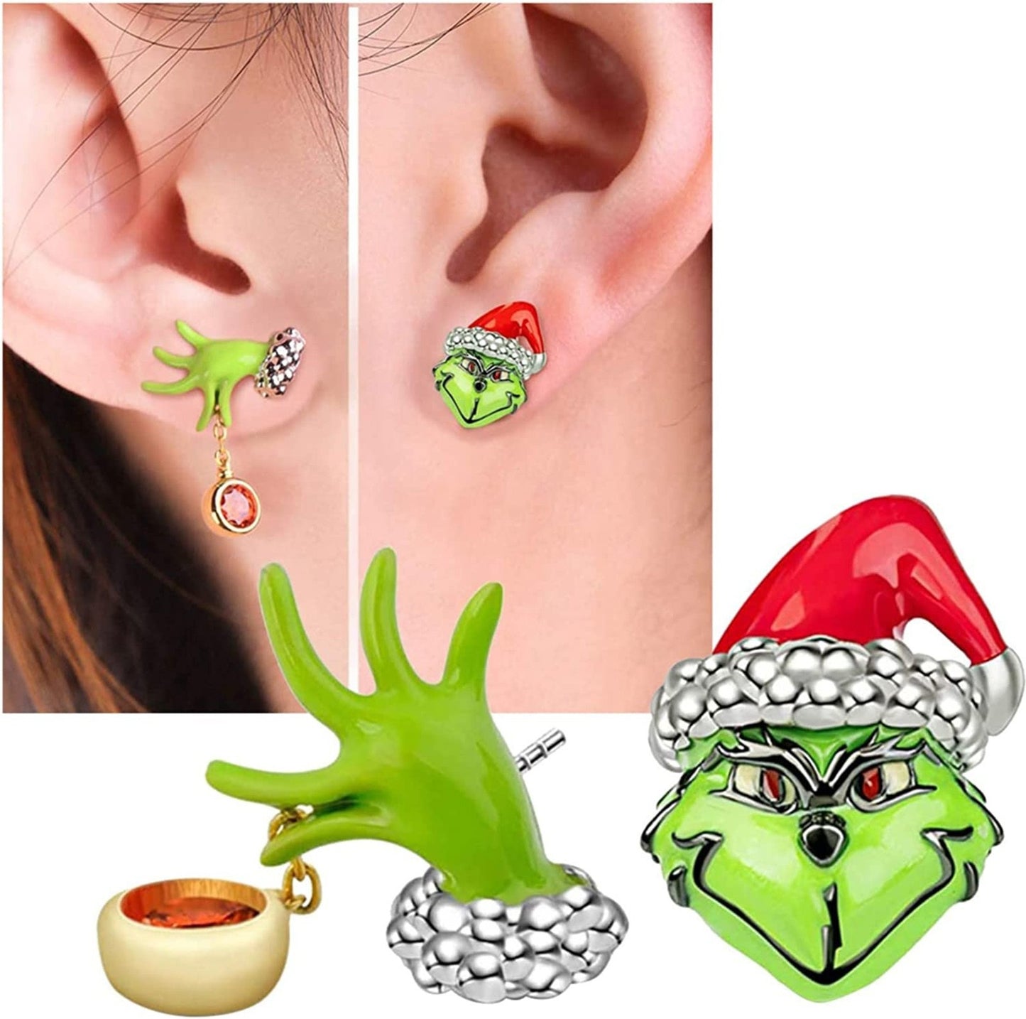 1 Pair Cute Geometric Christmas Hat Alloy Stud Earrings with Green Grinch Pendant