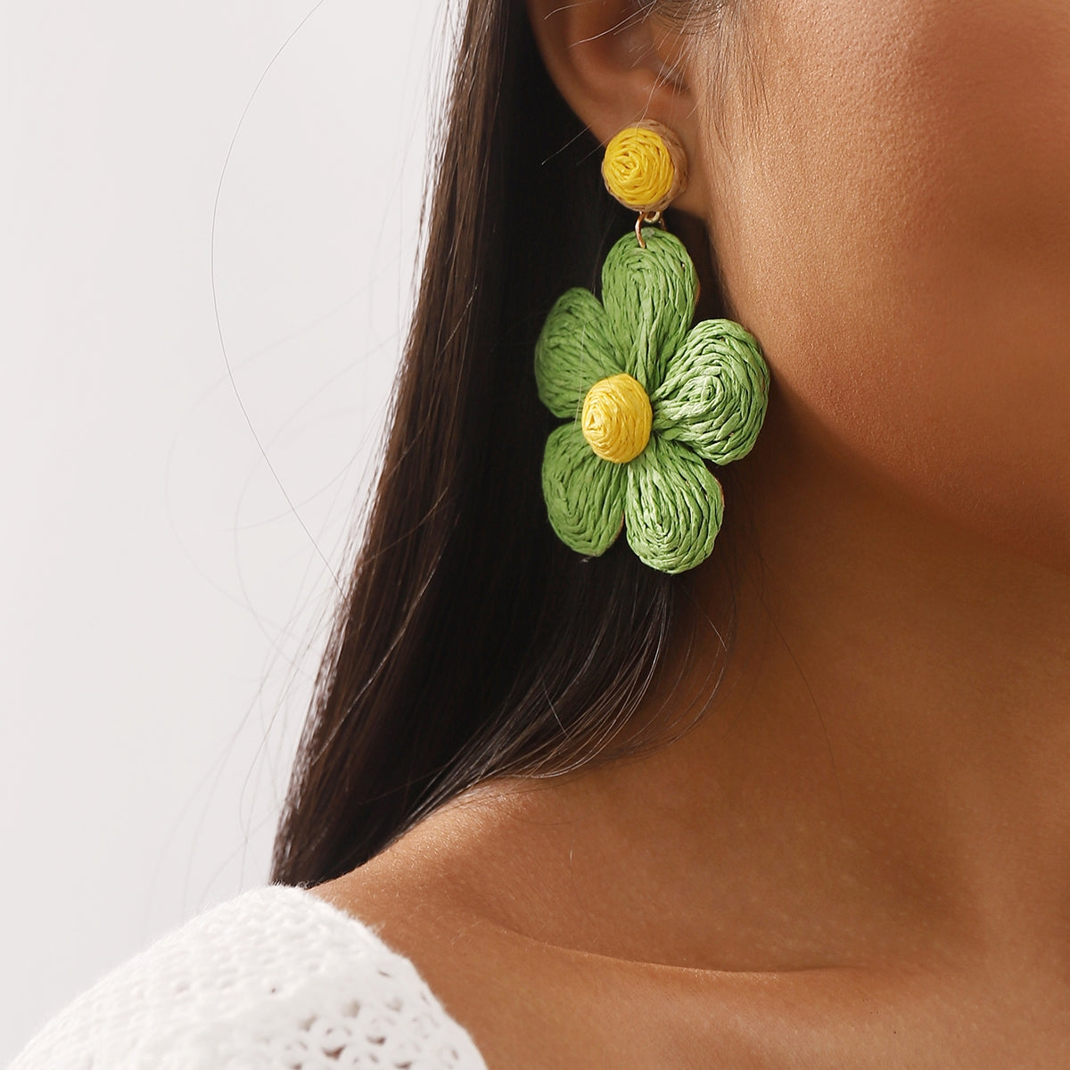 1 Pair Bohemian Flower Raffia Braid Drop Earrings