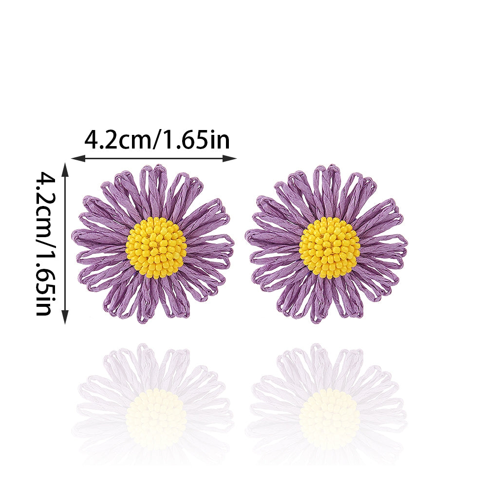 1 Pair Cute Daisy Raffia Flower Drop Earrings for Summer Beach Style