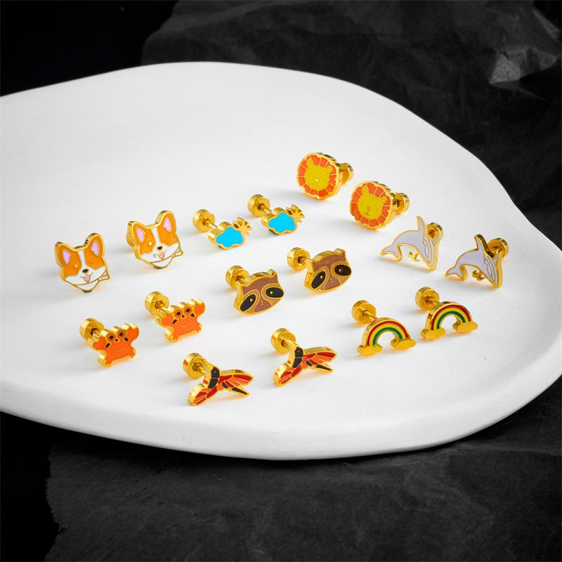 1 Pair Cute Retro Animal Titanium Steel Patchwork Ear Studs