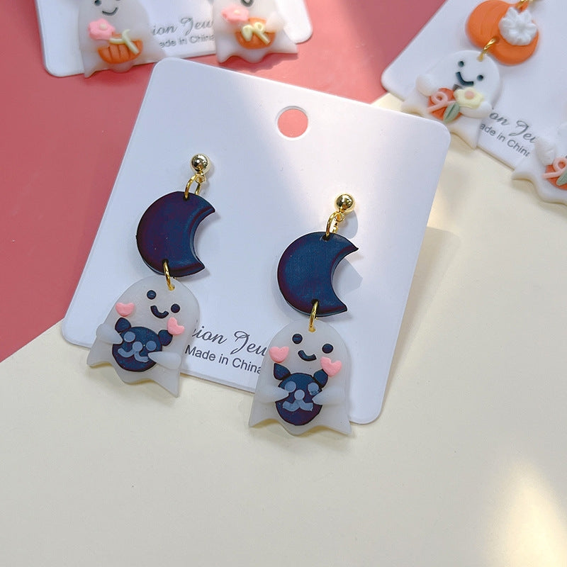 1 Pair Cute Halloween Moon & Pumpkin Polymer Clay Drop Earrings