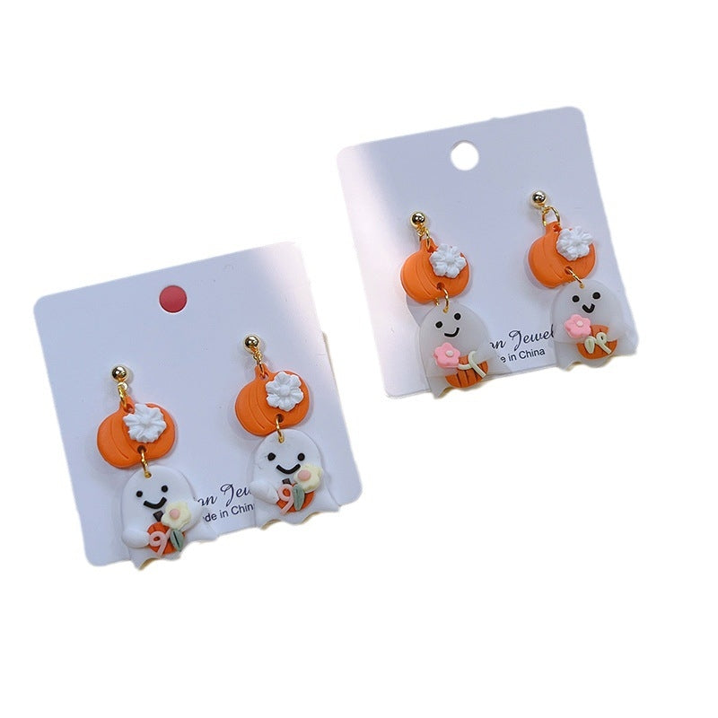 1 Pair Cute Halloween Moon & Pumpkin Polymer Clay Drop Earrings