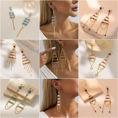 1 Pair Cute Simple Asymmetrical Blue Natural Stone Copper Chain Tassel Drop Earrings