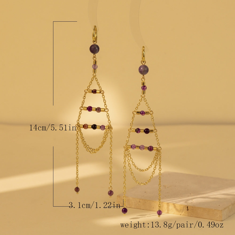 1 Pair Cute Simple Asymmetrical Blue Natural Stone Copper Chain Tassel Drop Earrings