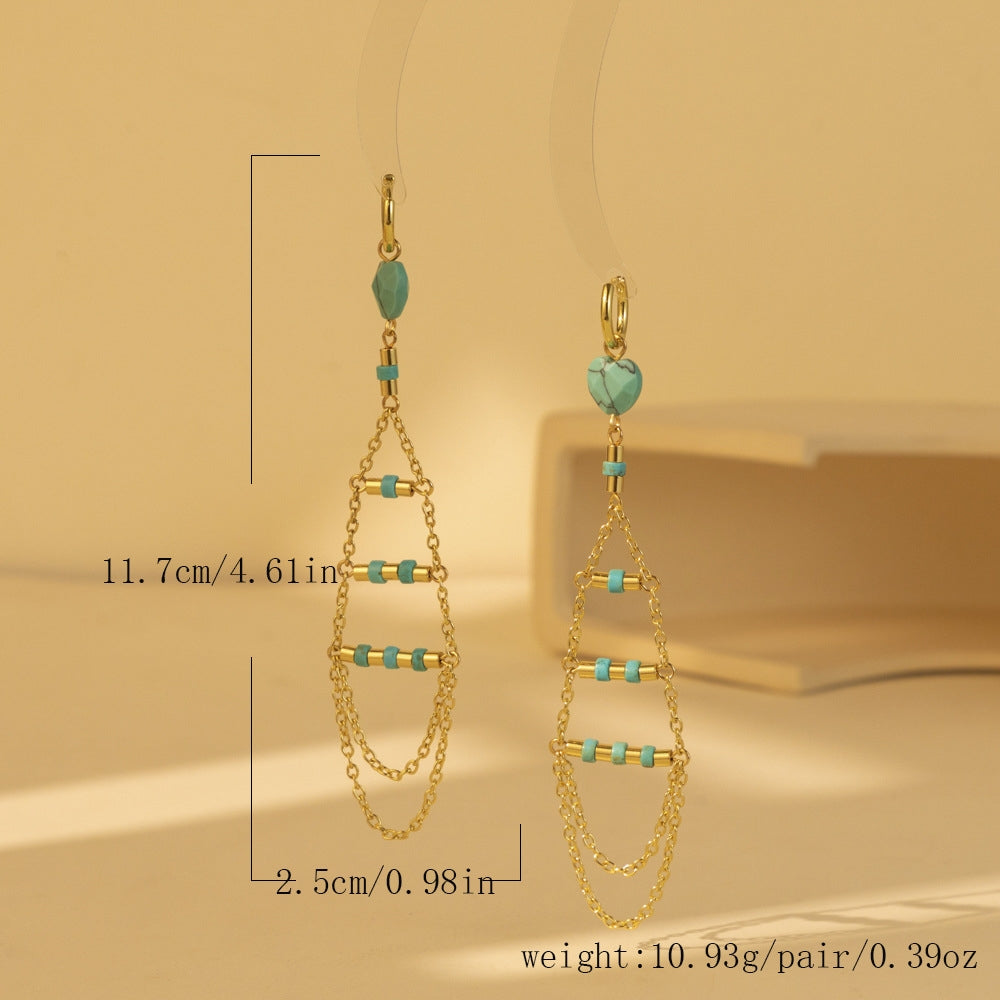 1 Pair Cute Simple Asymmetrical Blue Natural Stone Copper Chain Tassel Drop Earrings