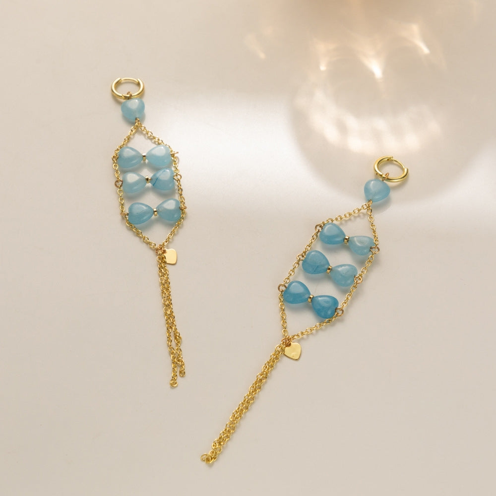 1 Pair Cute Simple Asymmetrical Blue Natural Stone Copper Chain Tassel Drop Earrings