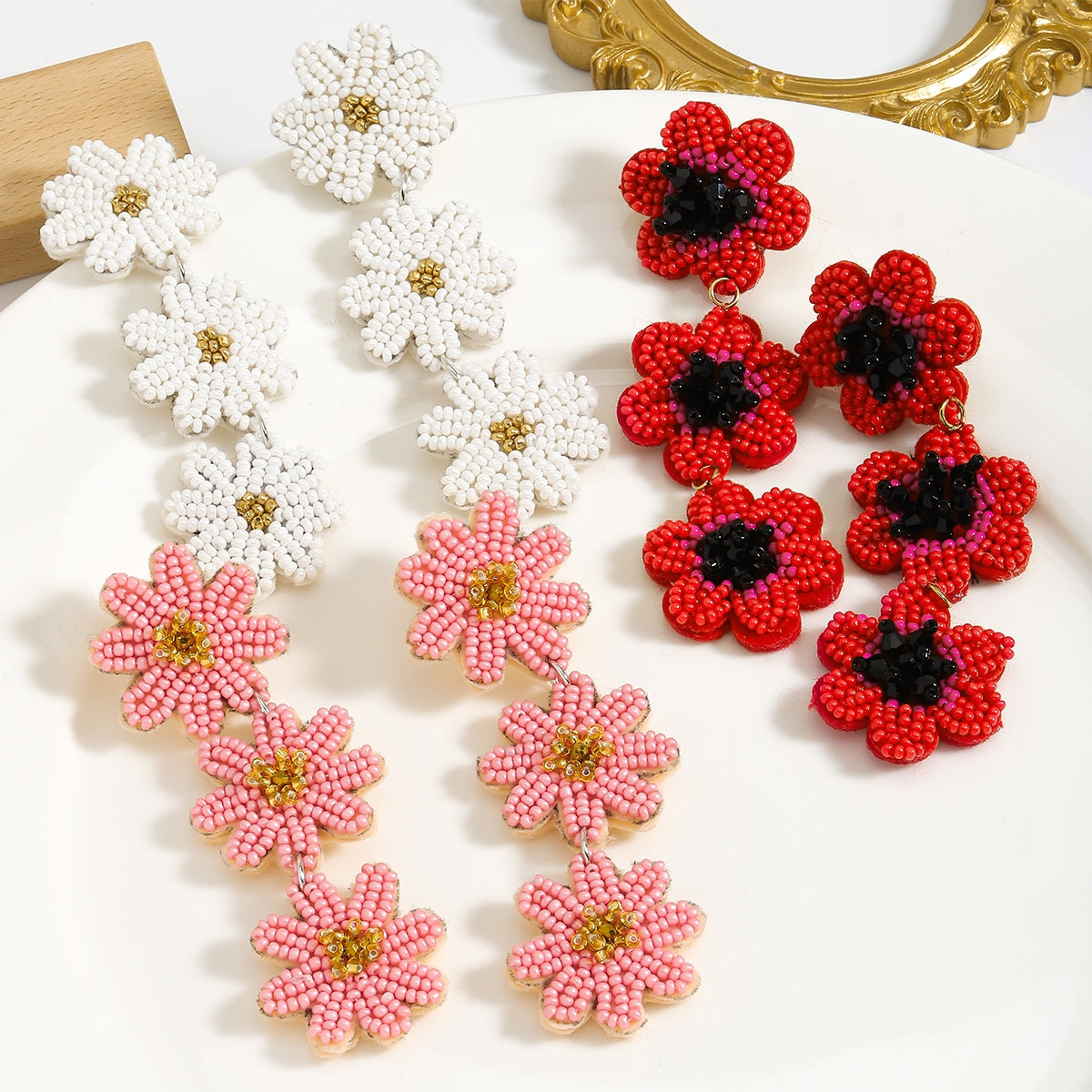 1 Pair Vintage Geometric Flower Seed Bead Drop Earrings