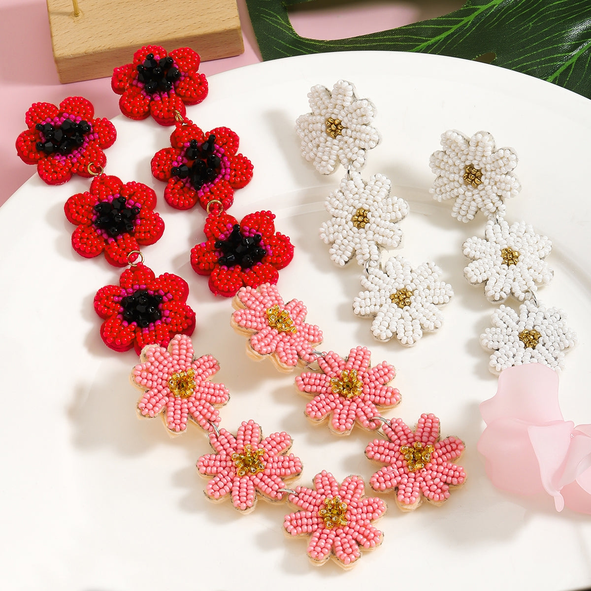 1 Pair Vintage Geometric Flower Seed Bead Drop Earrings