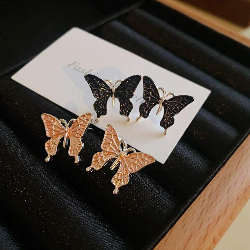 Elegant Butterfly Enamel Alloy Stud Earrings - Silver Needle Dripping Oil Design