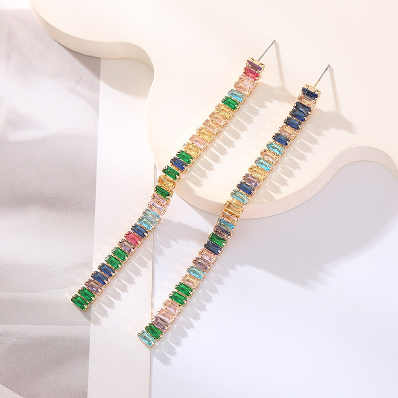 Elegant Color Block Glass Inlay Gold Plated Drop Earrings