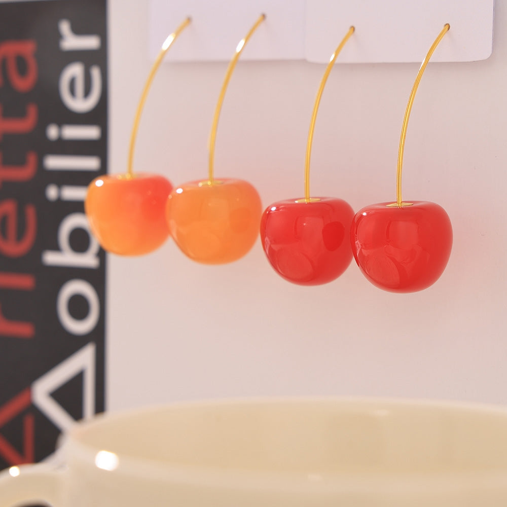 Elegant Cherry Drop Earrings - 18K Gold Plated Stainless Steel with Resin Accents